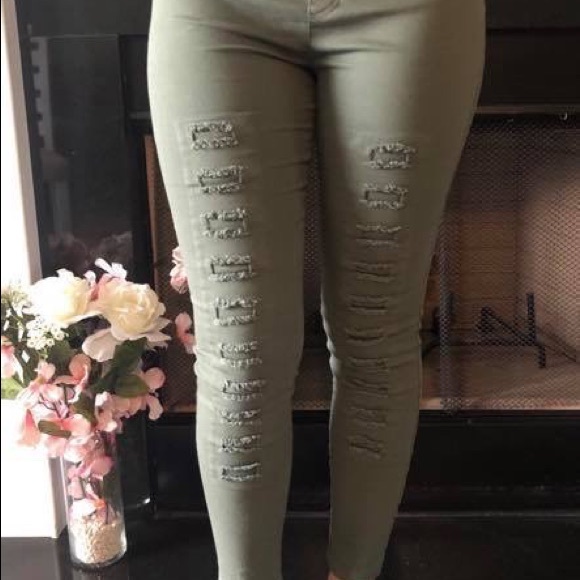 Olive Destroyed Jeggings - Picture 1 of 2